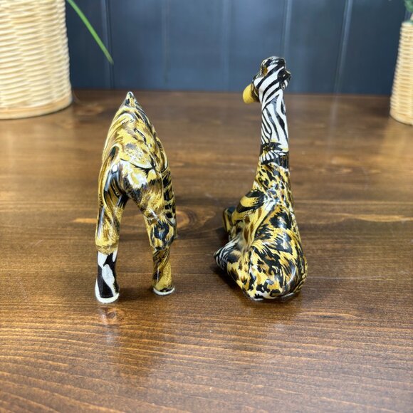 Pair of Vintage Giraffe Figurines in Animal Print Decoupage Safari Shelf Decor - Picture 4 of 15